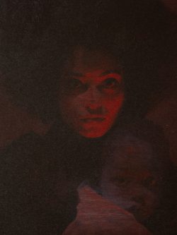 Woman and blue child (Digital Image on wood)