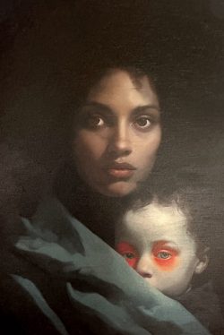 Woman and child with red eyes